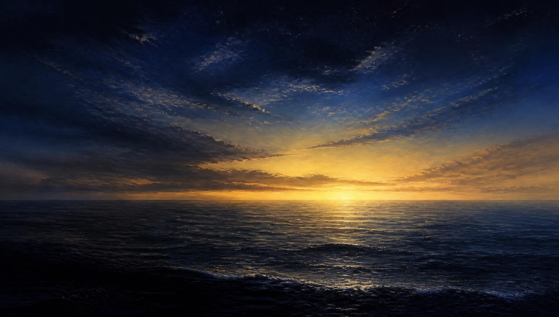 A dark sea meeting a narrow band of first light.