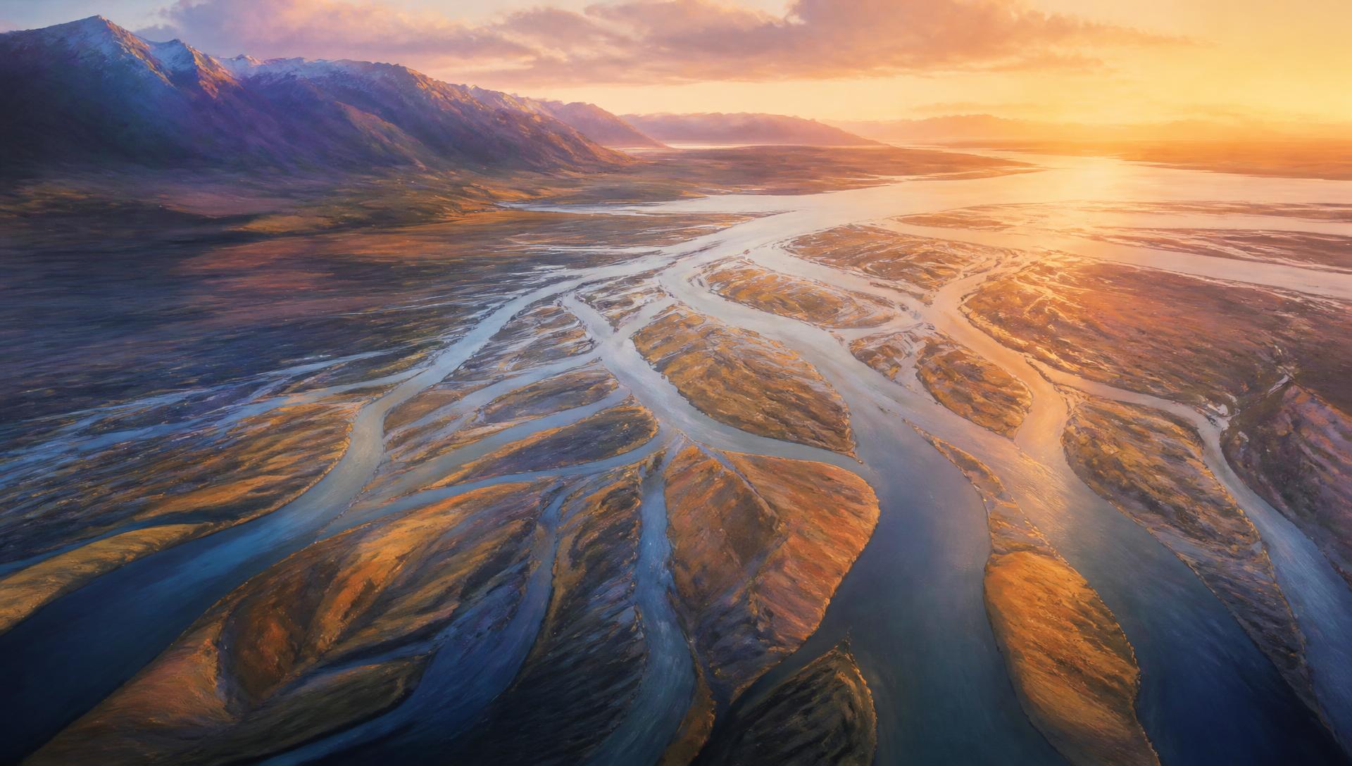 A braided river delta seen from above at first light.