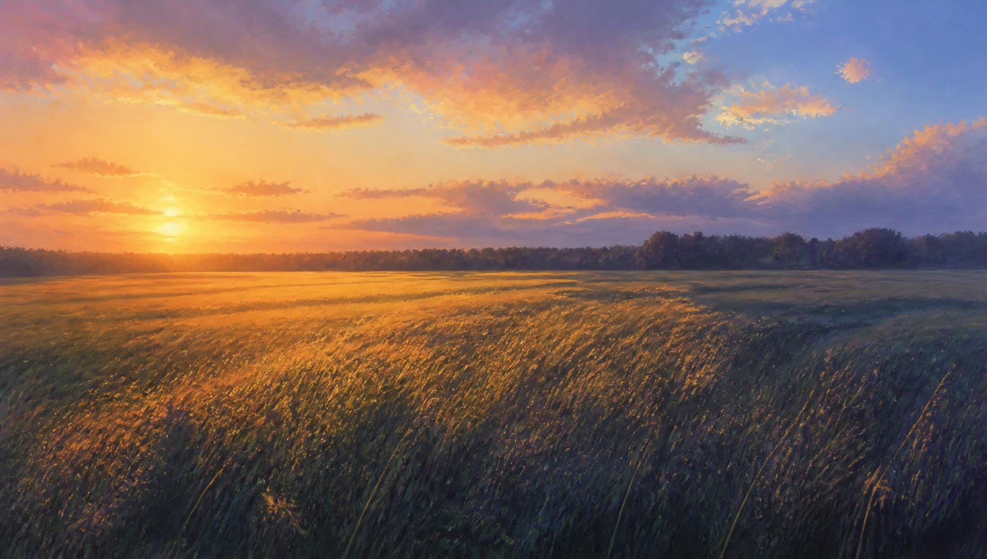 An open field of grass running to a far treeline at sunrise.