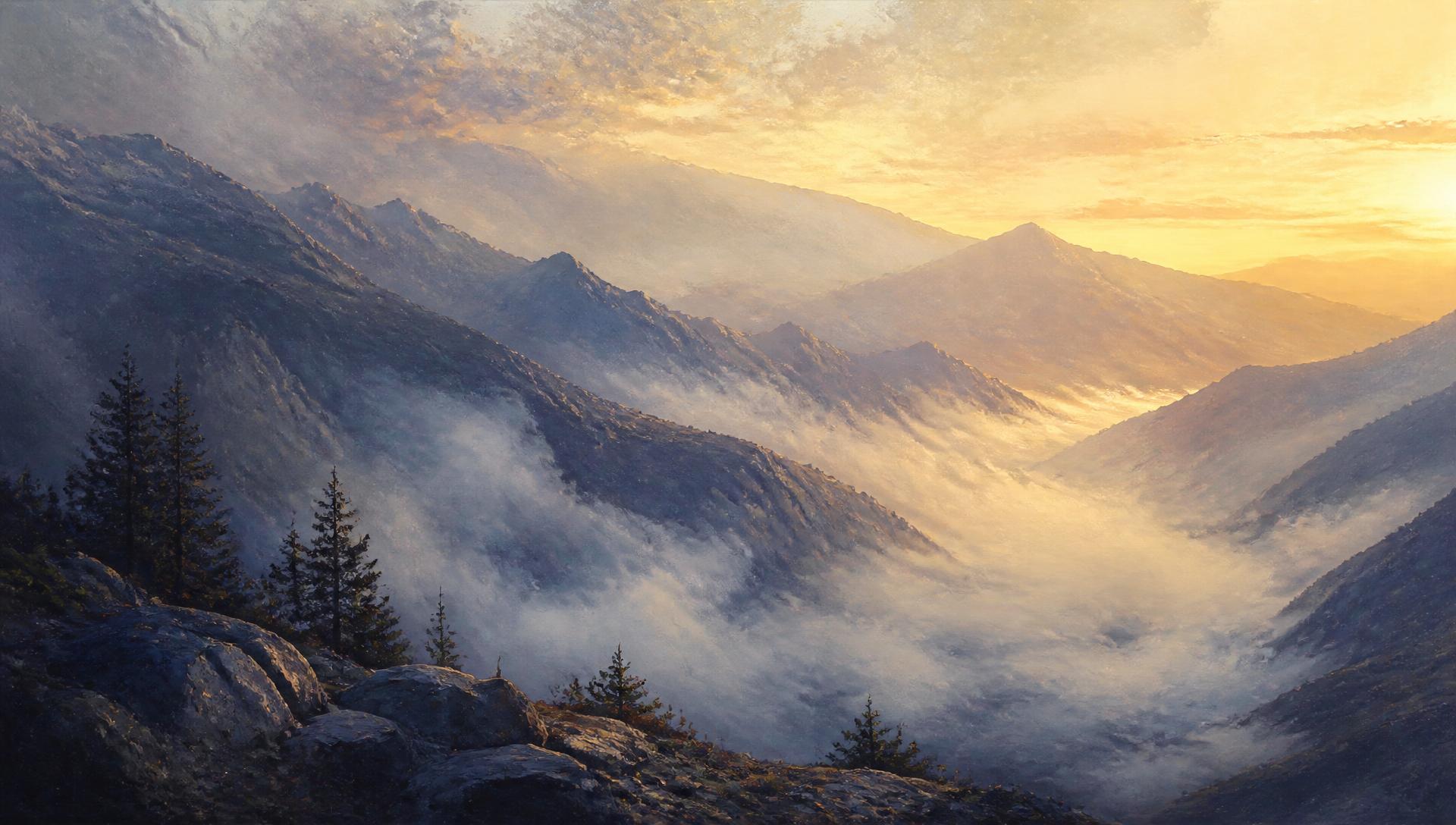 Ridgelines receding into fog at dawn.